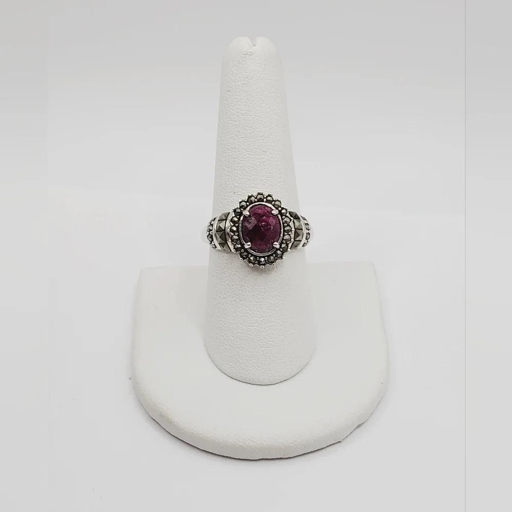 Genuine Checkerboard Cut Oval Ruby & Marcasite 925 Sterling Silver Halo …